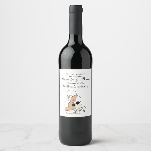 Étiquette Pour Bouteilles De Vin Femme Art Déco Vintage avec Fleurs Portant un Chap (Devant)