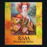 Étiquette Pour Bouteilles De Vin FEMME ROMANTIQUE AVEC PEACOCK FEATHER Mariage Jaun<br><div class="desc">Peinture contemporaine originale aquarelle avec feuille d'or et couleurs irisées en vert clair, orange jaune, turquoise, turquase, blanc.Elégante, belle femme brune sophistiquée, rouge, vert brillant d'or tissus d'un costume baroque avec plumes paon.Peinture de Bulgan Lumini (c).Cette carte cool et artistique est parfaite pour les mariages, douches nuptiales, 16, fêtes d'anniversaire...</div>