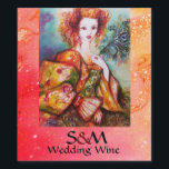 Étiquette Pour Bouteilles De Vin FEMME ROMANTIQUE AVEC PEACOCK FEATHER Mariage rose<br><div class="desc">Peinture contemporaine originale aquarelle avec feuille d'or et couleurs irisées en vert clair, orange jaune, turquoise, turquase, blanc.Elégante, belle femme brune sophistiquée, rouge, vert brillant d'or tissus d'un costume baroque avec plumes paon.Peinture de Bulgan Lumini (c).Cette carte cool et artistique est parfaite pour les mariages, douches nuptiales, 16, fêtes d'anniversaire...</div>