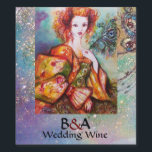 Étiquette Pour Bouteilles De Vin FEMME ROMANTIQUE AVEC PEACOCK Mariage bleu<br><div class="desc">Peinture contemporaine originale aquarelle avec feuille d'or et couleurs irisées en vert clair, orange jaune, turquoise, turquase, blanc.Elégante, belle femme brune sophistiquée, rouge, vert brillant d'or tissus d'un costume baroque avec plumes paon.Peinture de Bulgan Lumini (c).Cette carte cool et artistique est parfaite pour les mariages, douches nuptiales, 16, fêtes d'anniversaire...</div>