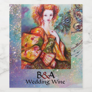 Étiquette Pour Bouteilles De Vin FEMME ROMANTIQUE AVEC PEACOCK Mariage bleu