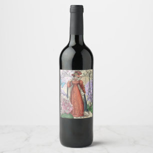 Étiquette Pour Bouteilles De Vin Femme victorienne à la mode rouge colorée