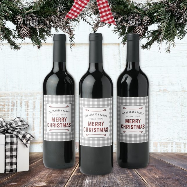 Étiquette Pour Bouteilles De Vin Ferme Gris Vichy Joyeux Noël (Créateur téléchargé)