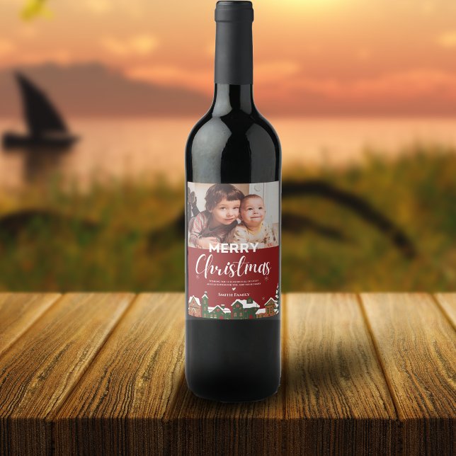 Étiquette Pour Bouteilles De Vin Festif de famille Fête rouge Joyeux Noël (Family Photo Festive Red Holiday Merry Christmas Wine Bottle Label
)