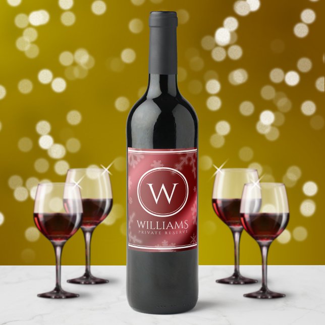 Étiquette Pour Bouteilles De Vin Festif Red Foil Snowflakes Nom du monogramme (Créateur téléchargé)