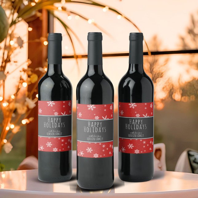 Étiquette Pour Bouteilles De Vin Festive Red Black Snowflakes Joyeux jours fériés (Créateur téléchargé)