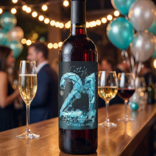 Étiquette Pour Bouteilles De Vin Fête d'anniversaire 21 ans cristal bleu sarcelle