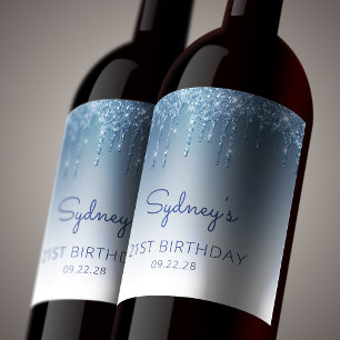 Étiquette Pour Bouteilles De Vin Fête d'anniversaire 21 ans Glam Blue Glitter Drip
