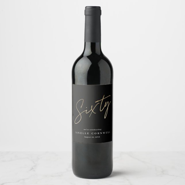 Étiquette Pour Bouteilles De Vin Fête d'anniversaire 60 ans Minimal Script Black Go (Devant)