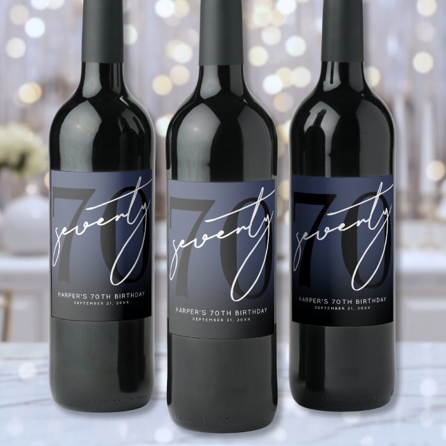 Étiquette Pour Bouteilles De Vin Fête d'anniversaire 70 ans Modern Blue (Modern Blue 70th Birthday Party Wine Label )