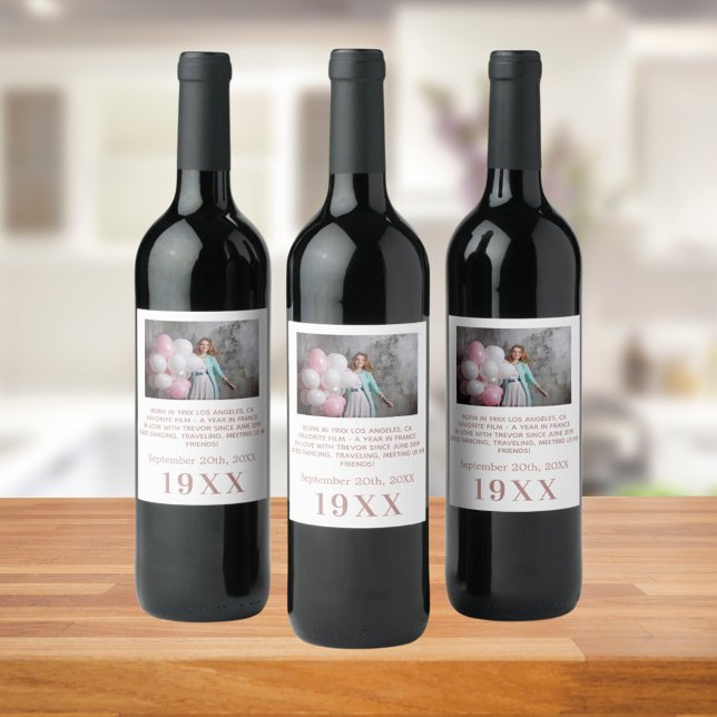 Étiquette Pour Bouteilles De Vin fête d'anniversaire blanc rose or année naissance  (Créateur téléchargé)