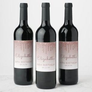 Étiquette Pour Bouteilles De Vin Fête d'anniversaire de 40 ans Rose Gold Glitter Dr