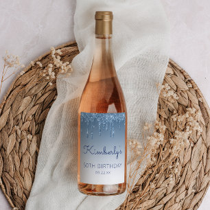 Étiquette Pour Bouteilles De Vin Fête d'anniversaire de 50 ans Glam Blue Glitter Dr