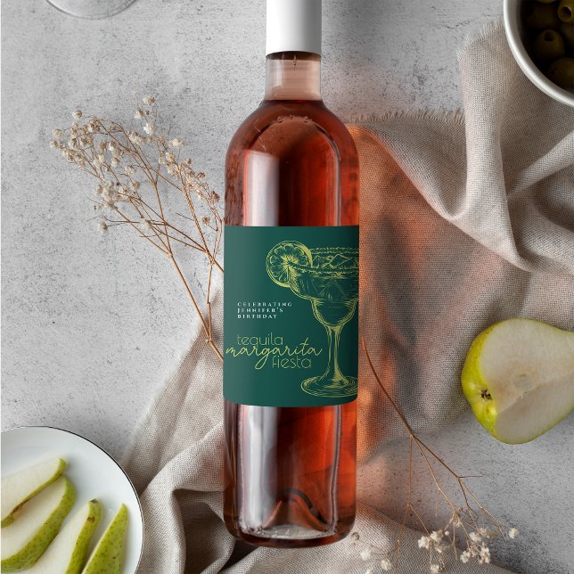 Étiquette Pour Bouteilles De Vin Fête d'anniversaire Moderne Verte Fiesta Margarita (Créateur téléchargé)