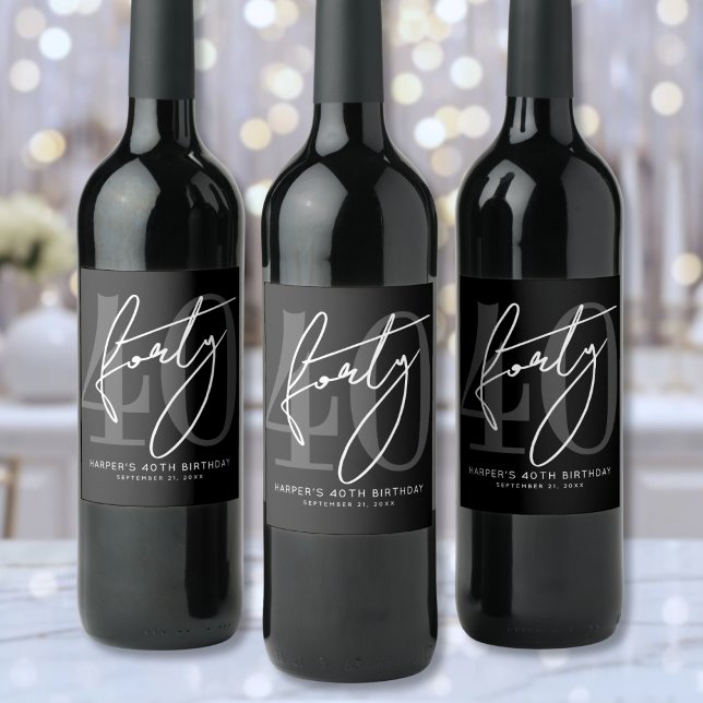 Étiquette Pour Bouteilles De Vin Fête d'anniversaire noir 40 ans (Black 40th Birthday Party Wine Label )