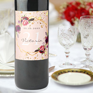 Étiquette Pour Bouteilles De Vin Fête d'anniversaire rose or étoiles floraux bordea
