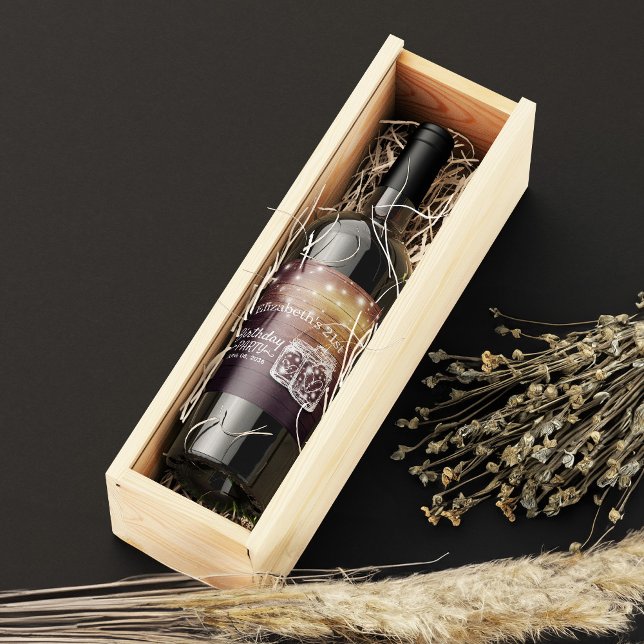 Étiquette Pour Bouteilles De Vin Fête d'anniversaire Rustic Wood Mason Jar String l (Créateur téléchargé)