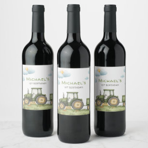 Étiquette Pour Bouteilles De Vin Fête d'anniversaire tracteur vert moderne 1 an