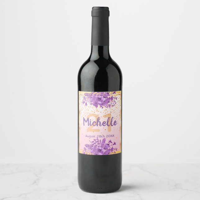Étiquette Pour Bouteilles De Vin Fête de 21e anniversaire rose or violet fleurs (Devant)