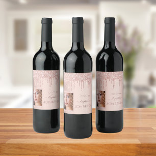Étiquette Pour Bouteilles De Vin Fête de 40e anniversaire photo rose gouttes partie