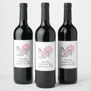 Étiquette Pour Bouteilles De Vin Fête de Bachelorette Glam Talons Argent Roses Rose