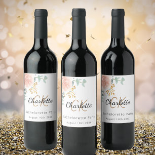 Étiquette Pour Bouteilles De Vin Fête de Bachelorette monogramme en rose doré flora