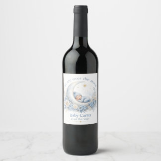 Étiquette Pour Bouteilles De Vin Fête de bébé bleu Outre-Moon avec nom personnalisé