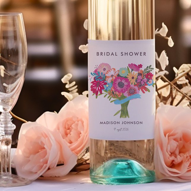 Étiquette Pour Bouteilles De Vin Fête de Fiançailles de Fleur Sauvage Lumineuse (Bright Wildflower Bridal Shower Party Wine Label)