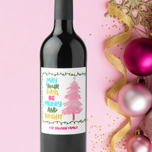 Étiquette Pour Bouteilles De Vin Fête de l'arbre de Noël rose joyeux et coloré