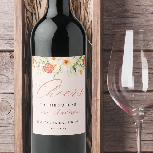 Étiquette Pour Bouteilles De Vin Fête de mariage Élégante Fleurie Citrus Rose (Créateur téléchargé)