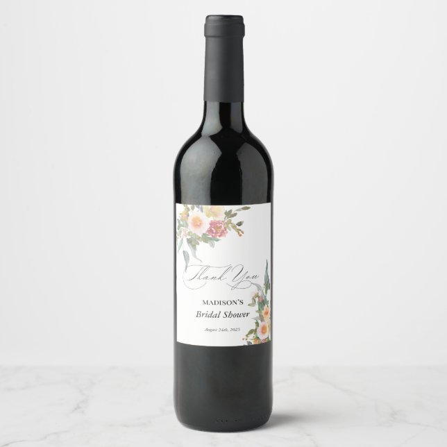 Étiquette Pour Bouteilles De Vin Fête de mariage Floral Aquarelle Rose Vert (Devant)
