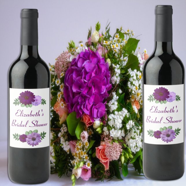 Étiquette Pour Bouteilles De Vin Fête de mariage floral Paonée Violette (Créateur téléchargé)
