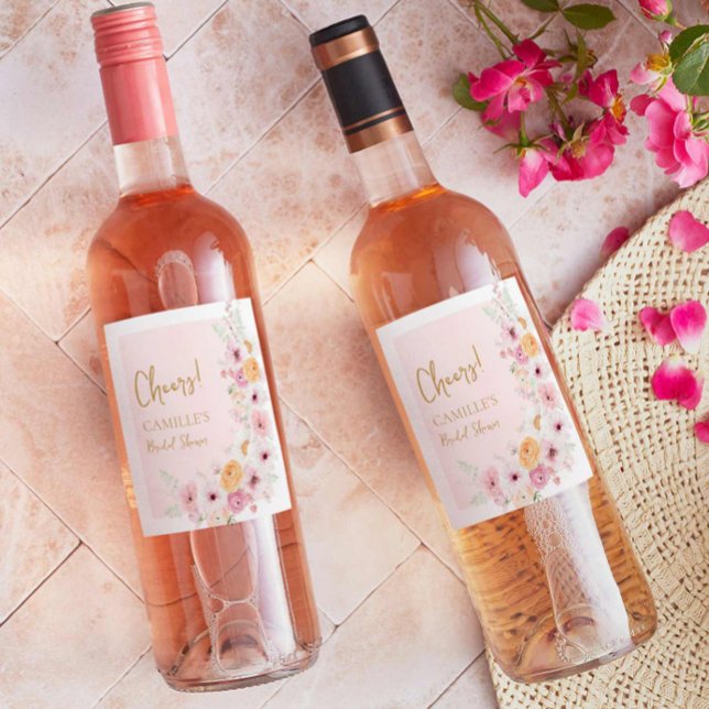 Étiquette Pour Bouteilles De Vin Fête de mariage floral rose Cheers (Pink Floral Bridal Shower Wine Labels)