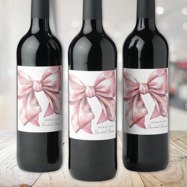 Étiquette Pour Bouteilles De Vin Fête de Mariage Rose Fardée avec Nœud (Blush Pink Bow Bridal Shower Wine Label)
