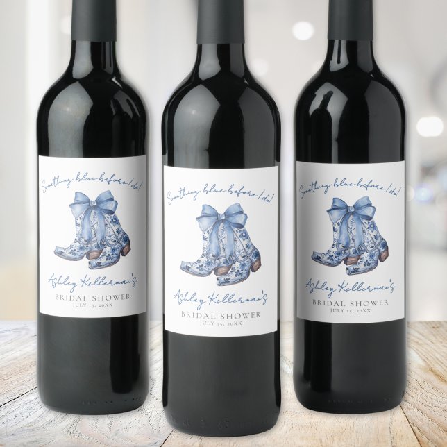 Étiquette Pour Bouteilles De Vin Fête de Mariée Cowboy Ruban Bleu de Campagne (Country Blue Bow Cowboy Bridal Shower Wine Label )