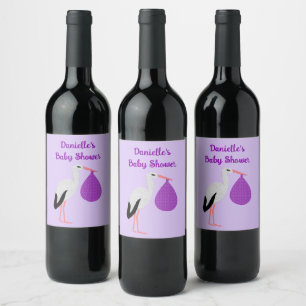 Étiquette Pour Bouteilles De Vin Fête de naissance Bébé Cigogne genre neutre Violet
