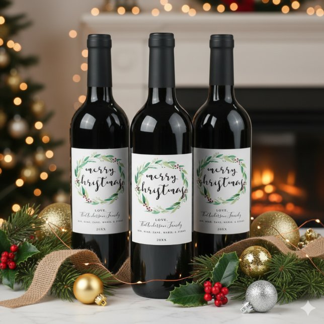 Étiquette Pour Bouteilles De Vin Fête de Noël joyeuse Couronne aquarelle vacances (Créateur téléchargé)