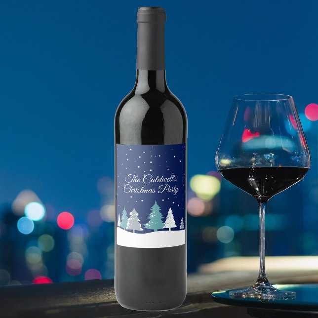 Étiquette Pour Bouteilles De Vin Fête de Noël personnalisée Arbres d'hiver bleu (Créateur téléchargé)