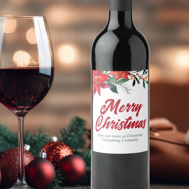 Étiquette Pour Bouteilles De Vin Fête de Noël personnalisée avec poinsettia floral (Créateur téléchargé)