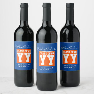 Étiquette Pour Bouteilles De Vin Fête de remise des diplômes orange et bleu de la p