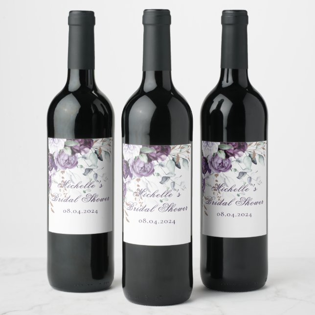 Étiquette Pour Bouteilles De Vin Fête des mariées d'aquarelle florale violette (Bouteilles)