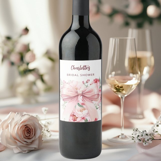 Étiquette Pour Bouteilles De Vin Fête des mariées florale rose bow (Créateur téléchargé)