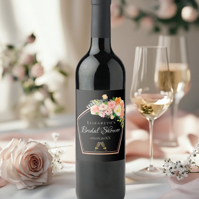 Étiquette Pour Bouteilles De Vin Fête des mariées rose noir floral géométrique (Créateur téléchargé)