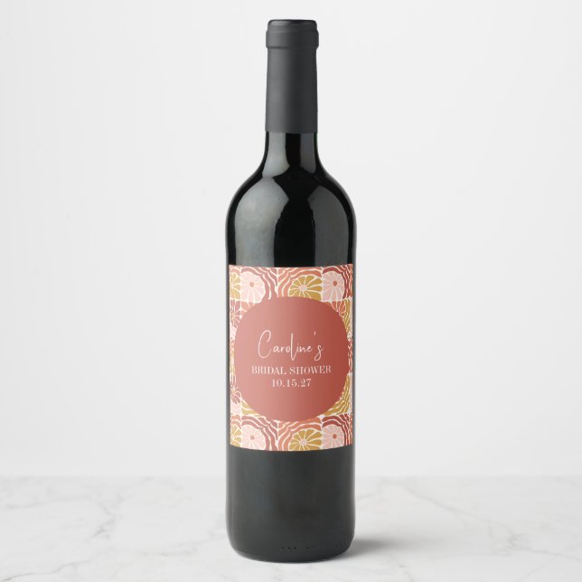 Étiquette Pour Bouteilles De Vin Fête des mariées super Retro Rose Rust Floral (Devant)