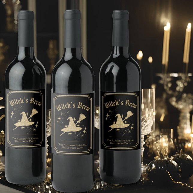 Étiquette Pour Bouteilles De Vin Fête d'Halloween Black Gold Hat & Broom Sorcière's (Créateur téléchargé)