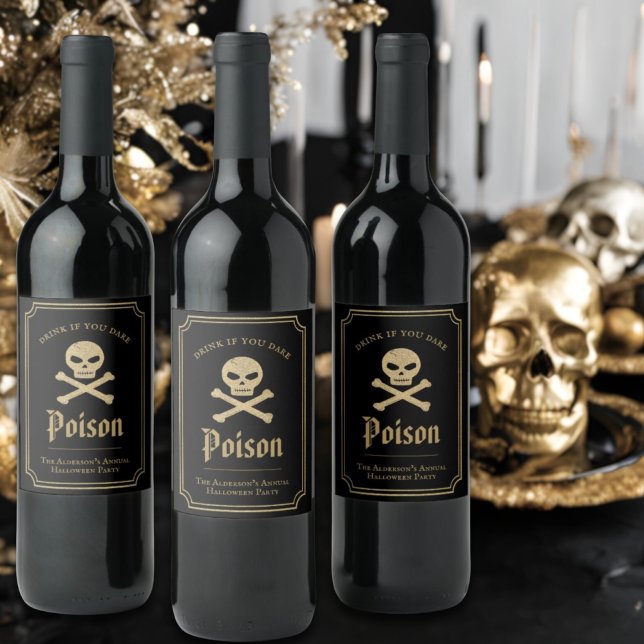 Étiquette Pour Bouteilles De Vin Fête d'Halloween Poison Skull noir et or (Créateur téléchargé)