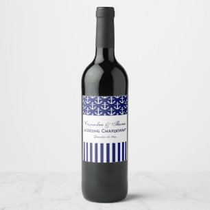 Étiquette Pour Bouteilles De Vin Fête DIY fond bleu marine rayure blanche ancre
