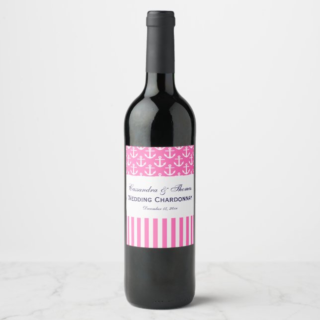 Étiquette Pour Bouteilles De Vin Fête DIY Fond Rose Chaud Blanc Rayure Ancre (Devant)