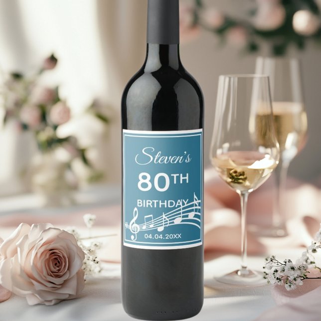 Étiquette Pour Bouteilles De Vin Fête du 80e anniversaire turquoise musique bleue (Créateur téléchargé)