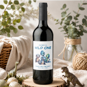 Étiquette Pour Bouteilles De Vin Fête du premier anniversaire de dinosaure mignon s